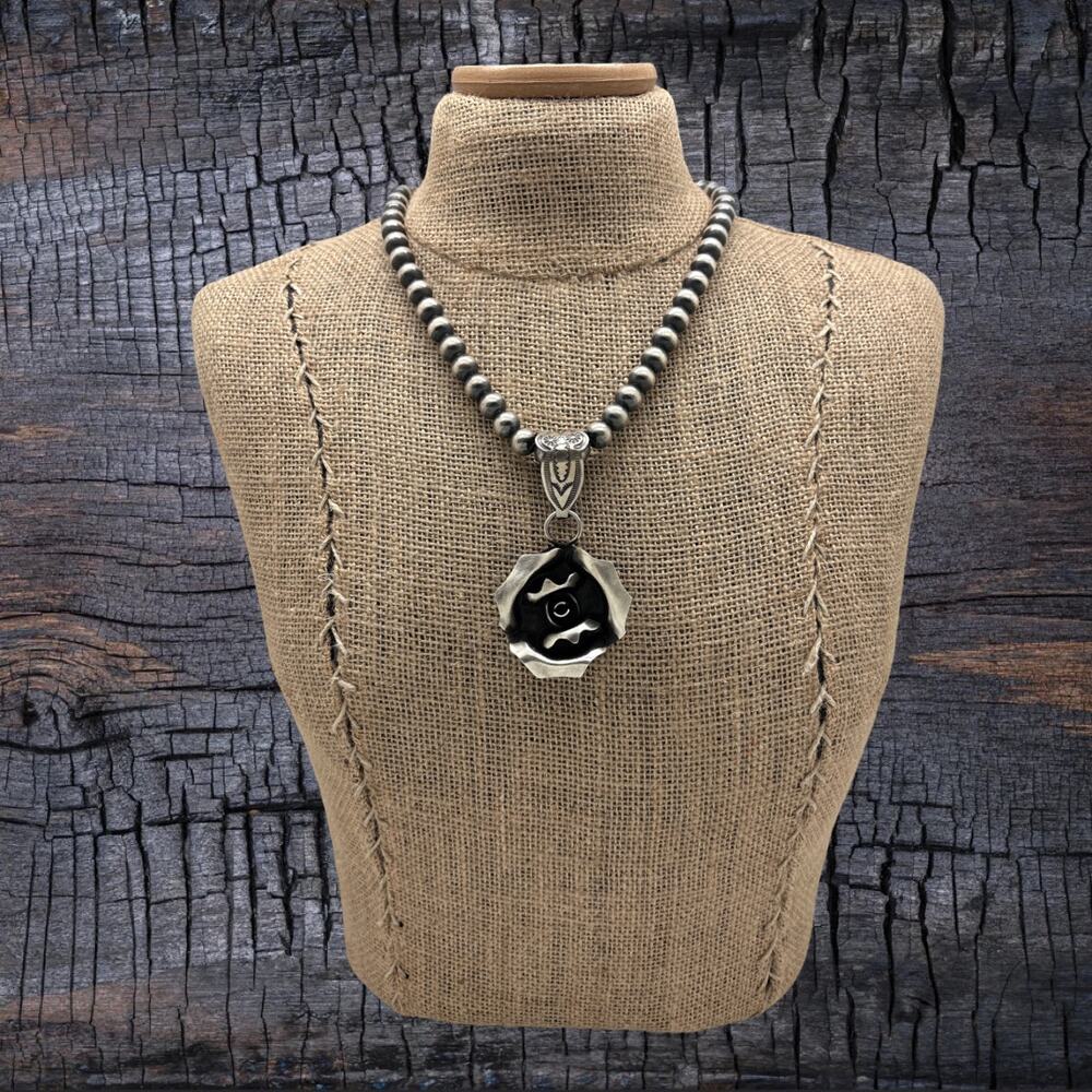 LEANDER TAHE Navajo Sterling Silver 3-D Rose Pendant With Large Decorative Bail - Picture 3 of 3